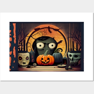 Cartoon Character Surrounded by Pumpkins and Skulls Posters and Art